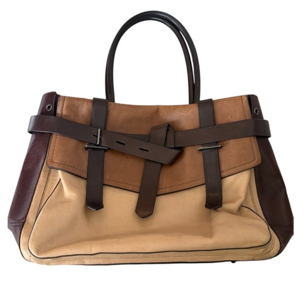 Reed Krakoff Leather Satchel Tan Brown Belted Top Handle Career Bag Tote